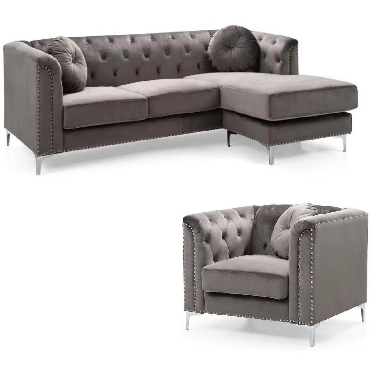 Velvet Sofa Chaise and Chair 2-Piece Set Dark Gray V284