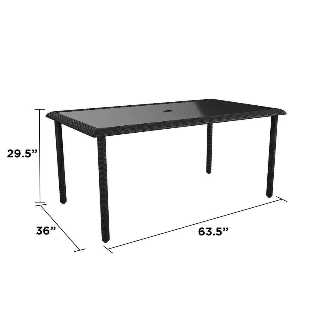 Black Wicker Dining Table with Glass Top and Umbrella Hole W6797