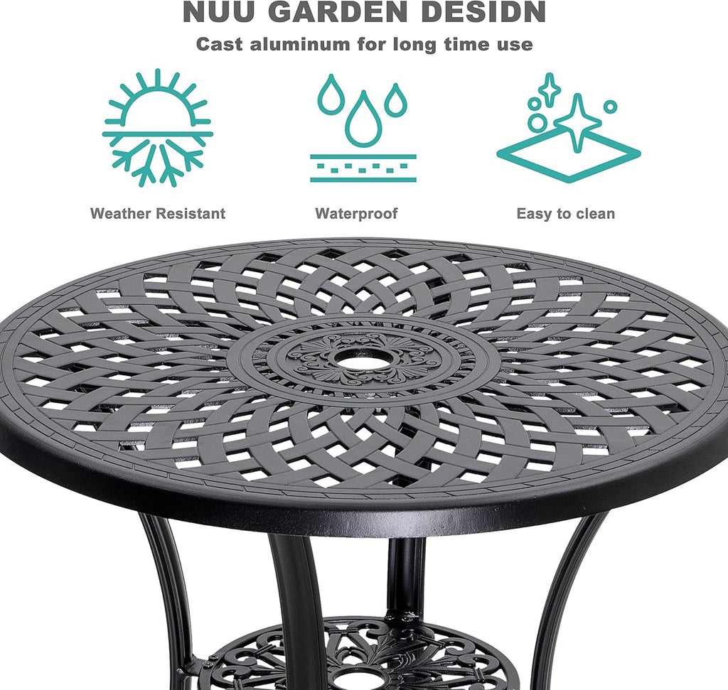 32 Inch Black Cast Aluminum Round Outdoor Dining Table with Umbrella Hole U636432