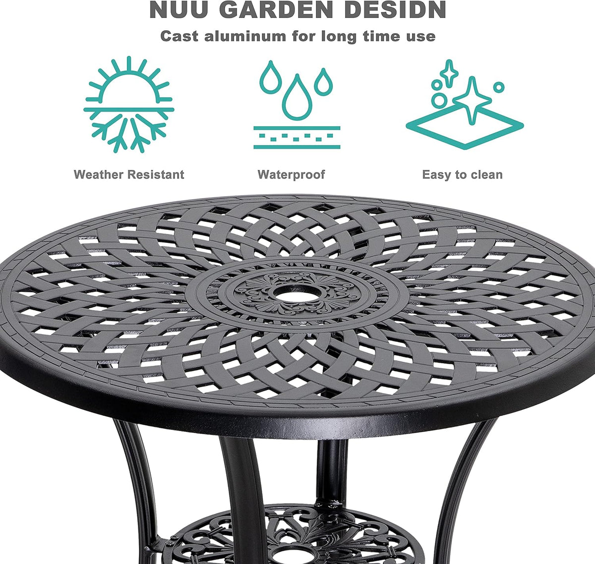 32 Inch Black Cast Aluminum Round Outdoor Dining Table with Umbrella Hole U636432