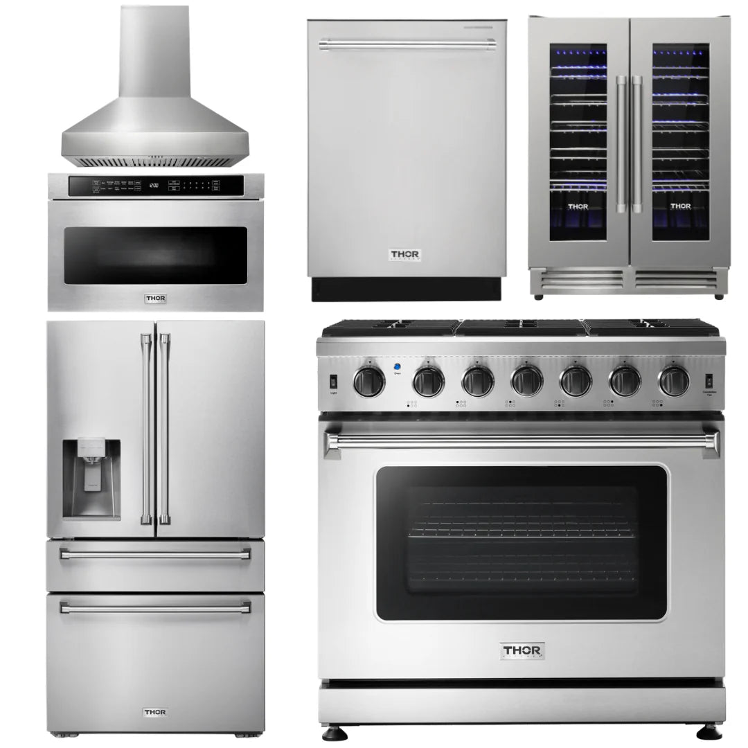 36 Propane Gas Range, Range Hood, Microwave, Refrigerator, Dishwasher, Wine Cooler W200