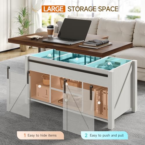 White and Brown Lift Top Coffee Table with Hidden Storage M170