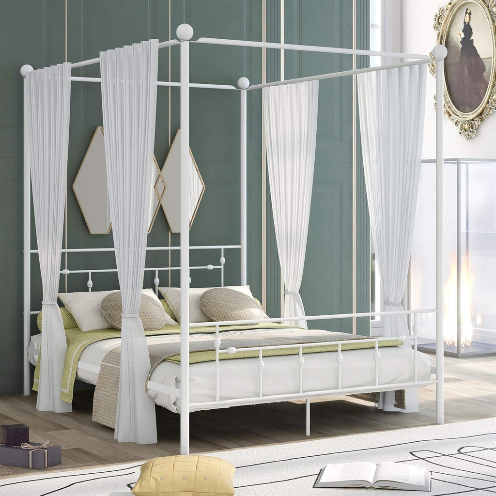 Queen Size White Metal Canopy Bed with Headboard A557922