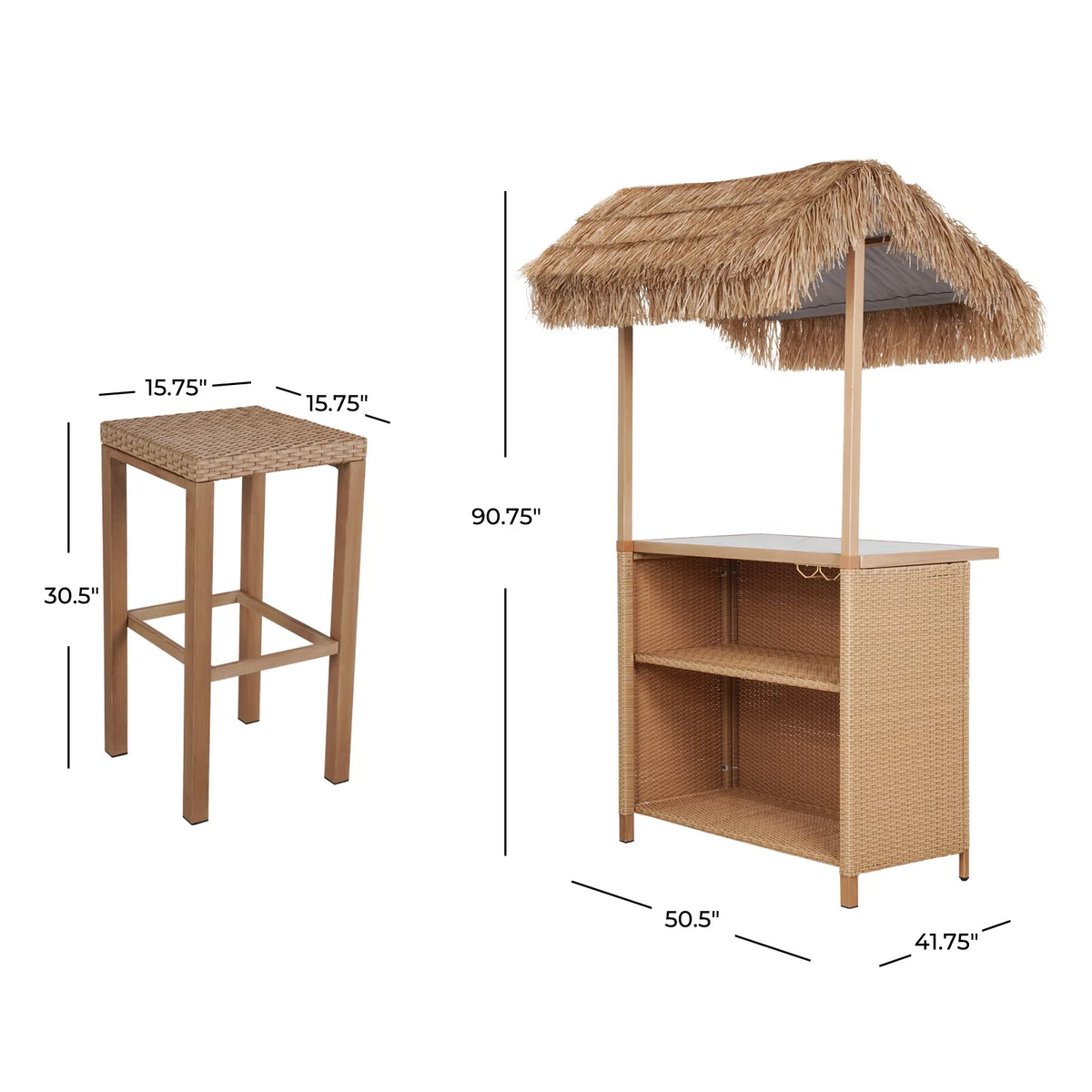 Outdoor 3 Piece All Weather Resin Wicker Steel Tiki Bar and 2 Stools with Ceramic Top & Storage S927