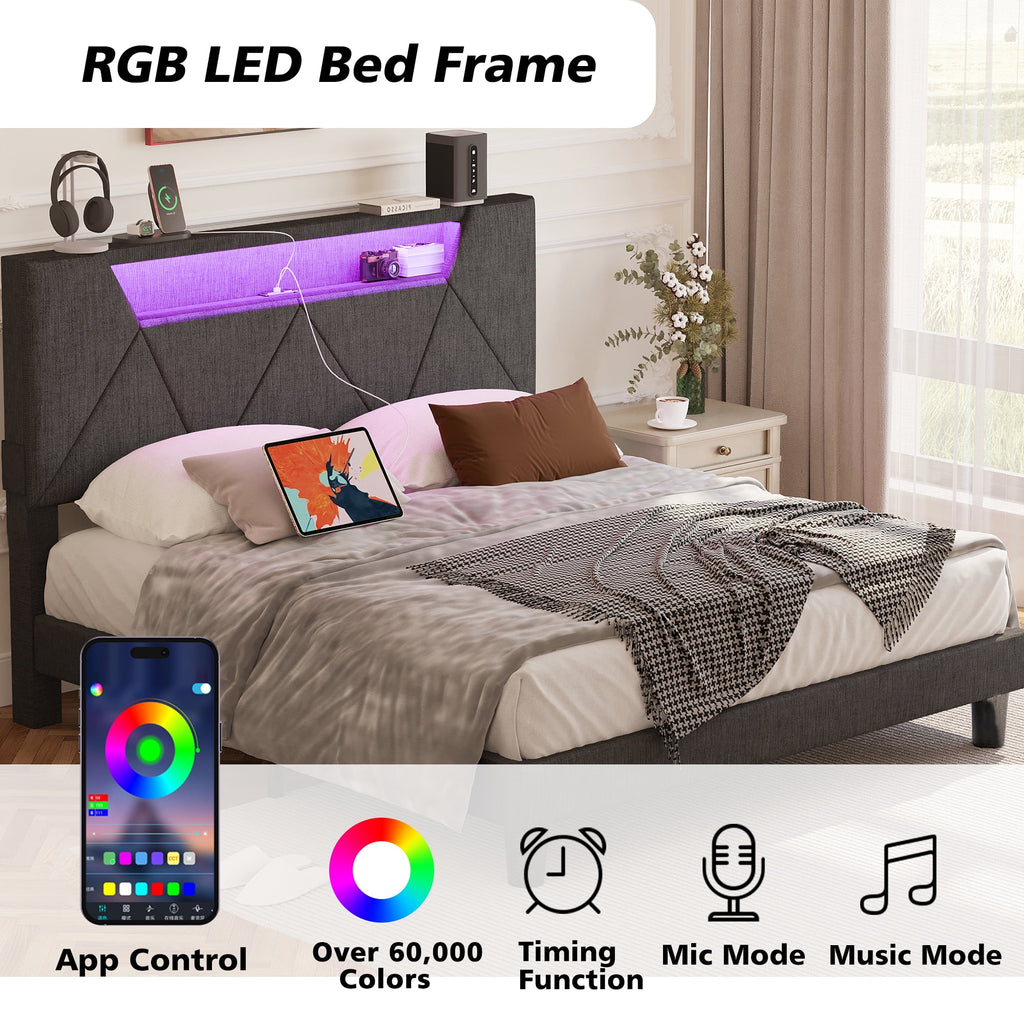 Grey Upholstered Platform Bed Frame with Storage Headboard X6548