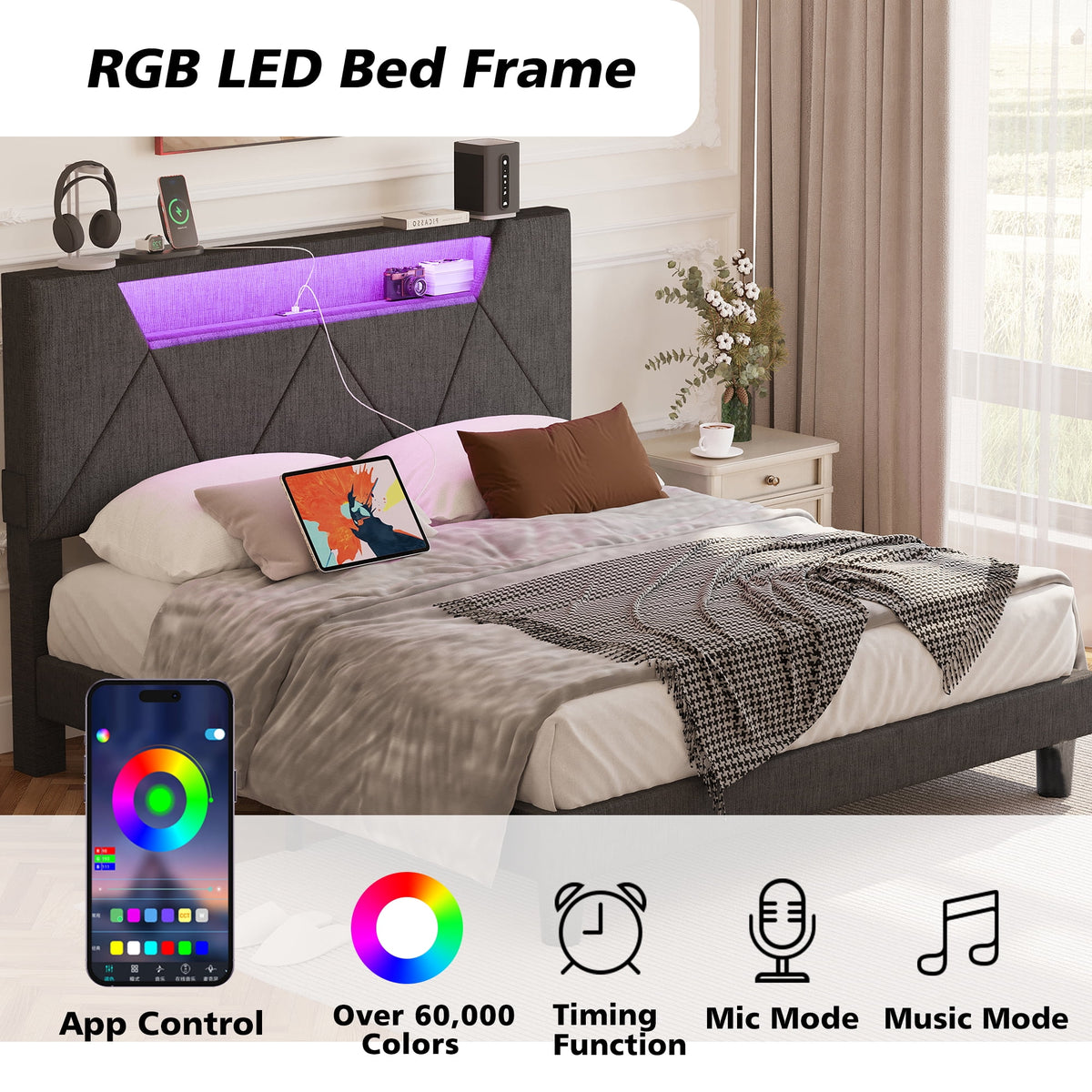 Grey Upholstered Platform Bed Frame with Storage Headboard X6548