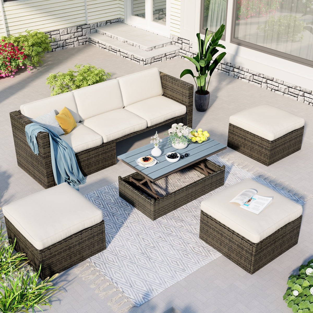 5-Piece PE Rattan Patio Furniture Set with Cushions and Coffee Table Q1304