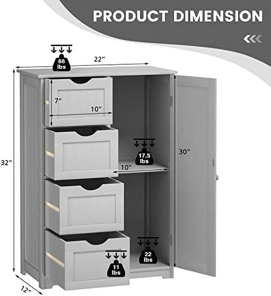 Grey Wooden Bathroom Floor Cabinet with 1 Cupboard and 4 Drawers E301