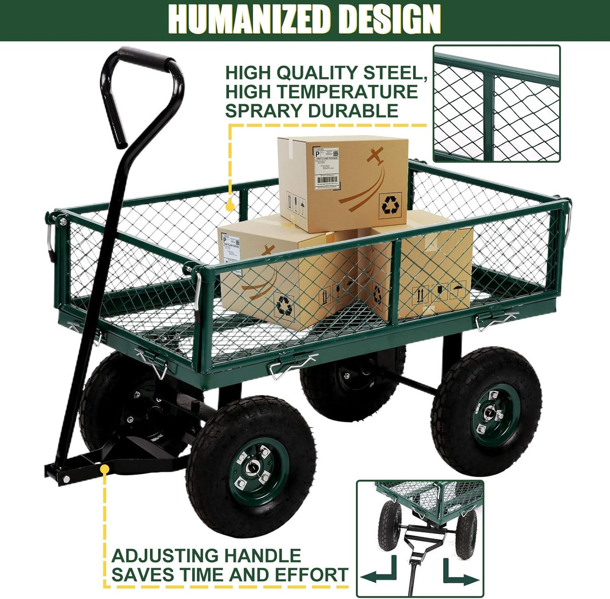 Heavy Duty Steel Utility Cart with Removable Sides and 10 Inch Wheels, Green G4717