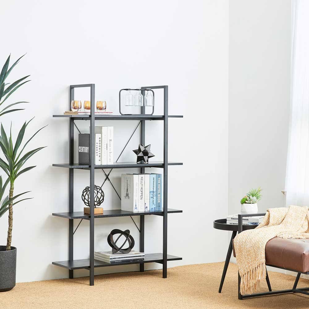 Black 4-Tier Wood Metal Bookcase Y51191