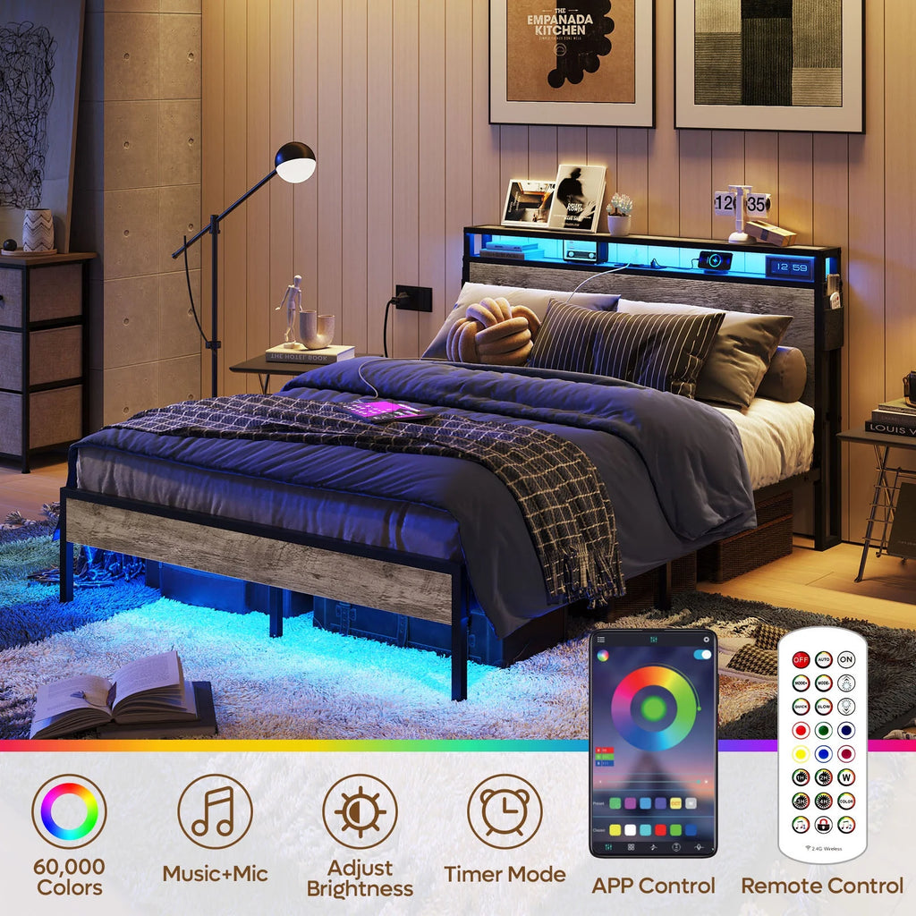 Queen Size Grey Platform Bed with Storage Headboard X987486