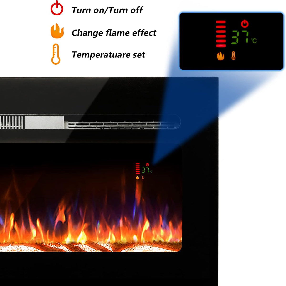 60 Electric Fireplace, Recessed & Wall Mounted, Ultra Thin, Low Noise, Remote Control, 1500W, Black M10094