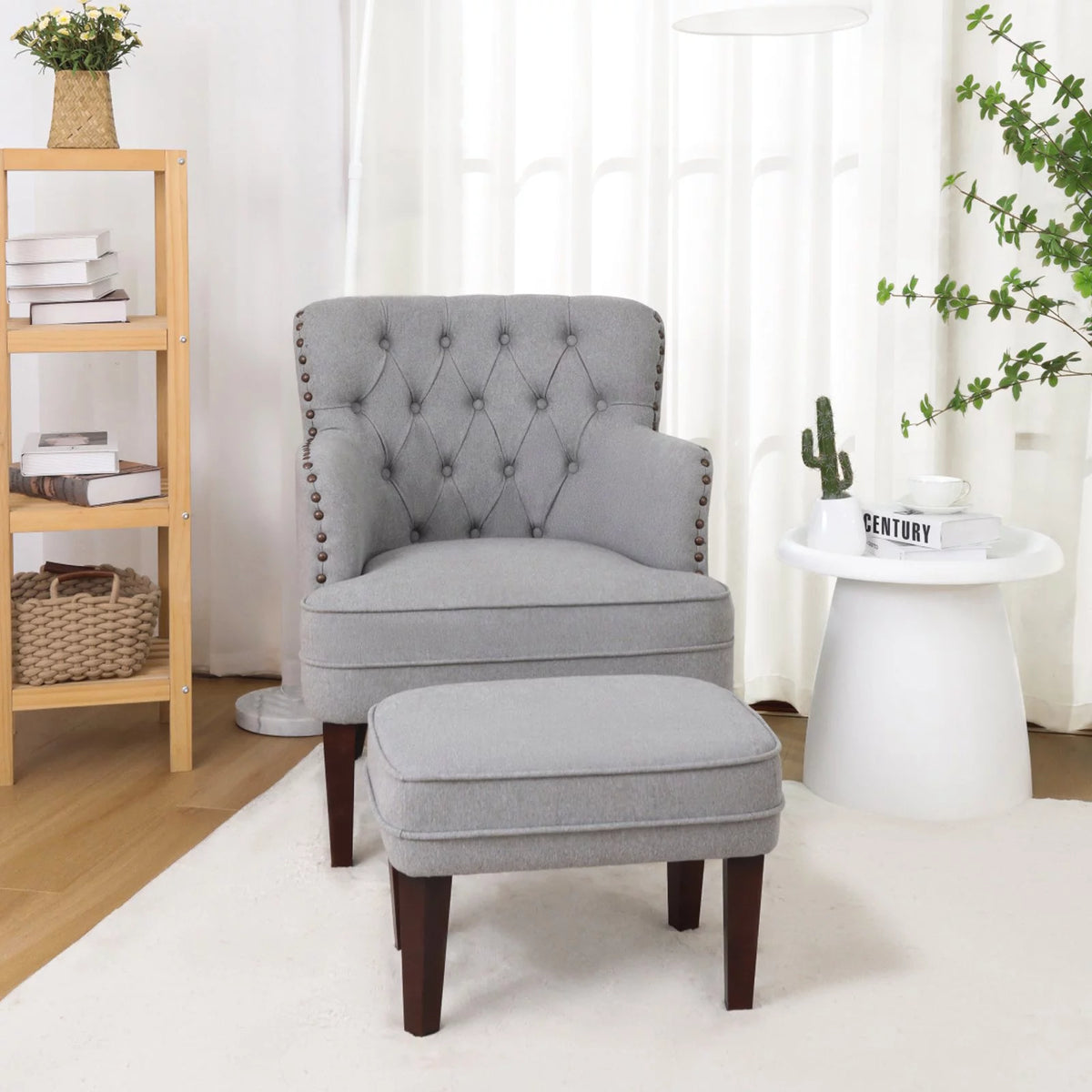 Gray Upholstered Accent Chair and Ottoman Set Y6596