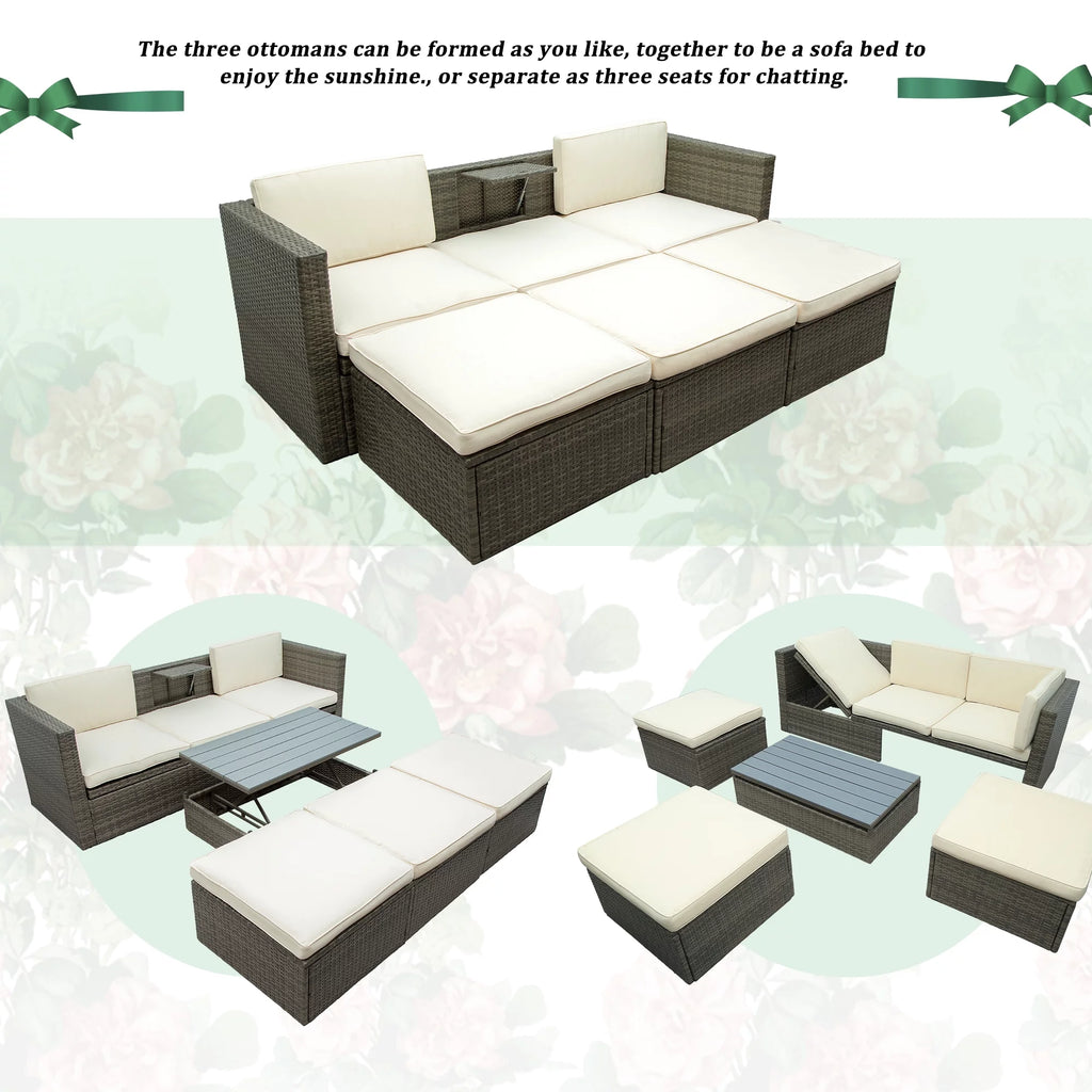 5-Piece PE Rattan Patio Furniture Set with Cushions and Coffee Table Q1304
