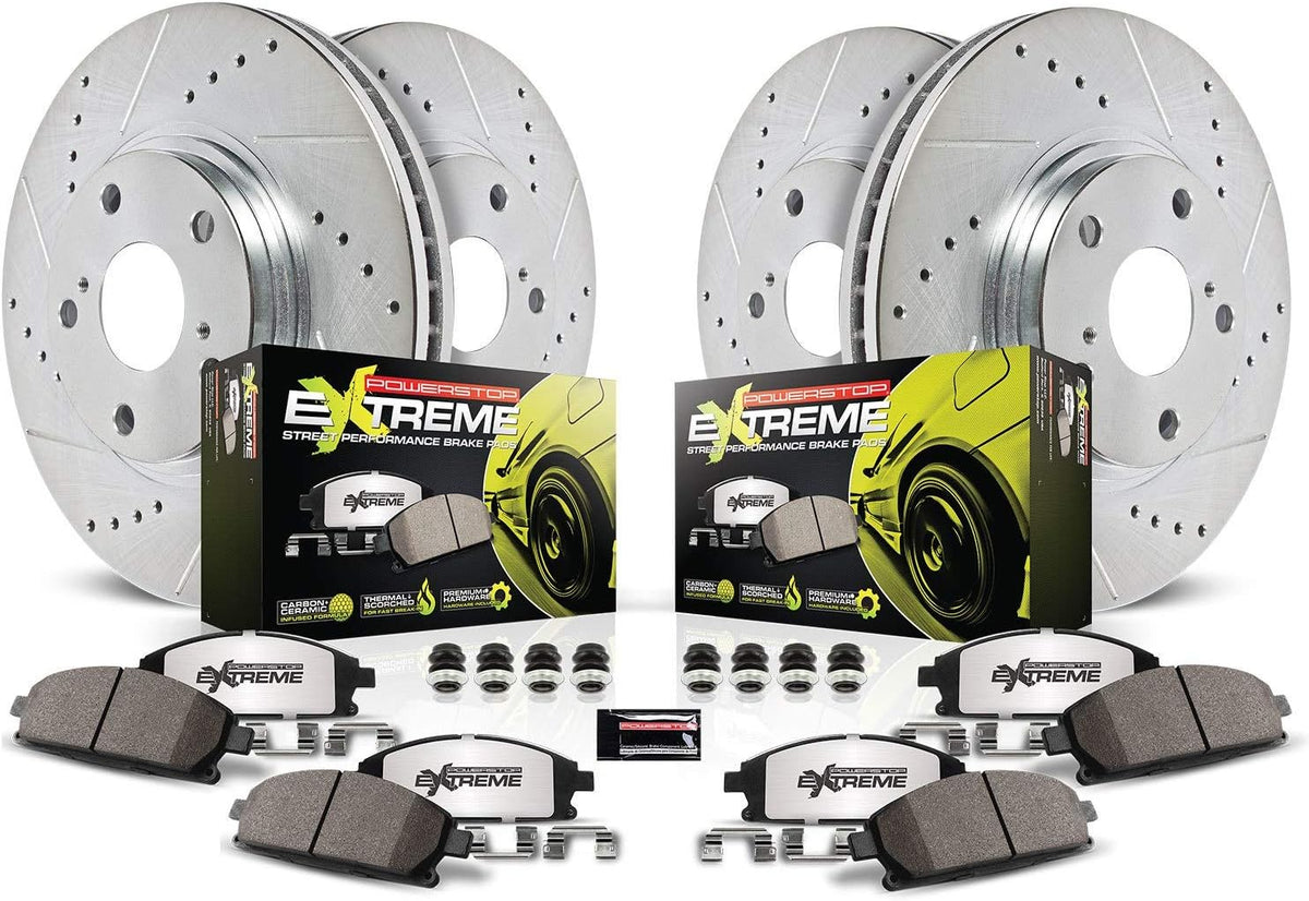 Front and Rear Carbon Fiber Brake Pads with Drilled & Slotted Brake Rotors Kit W53569