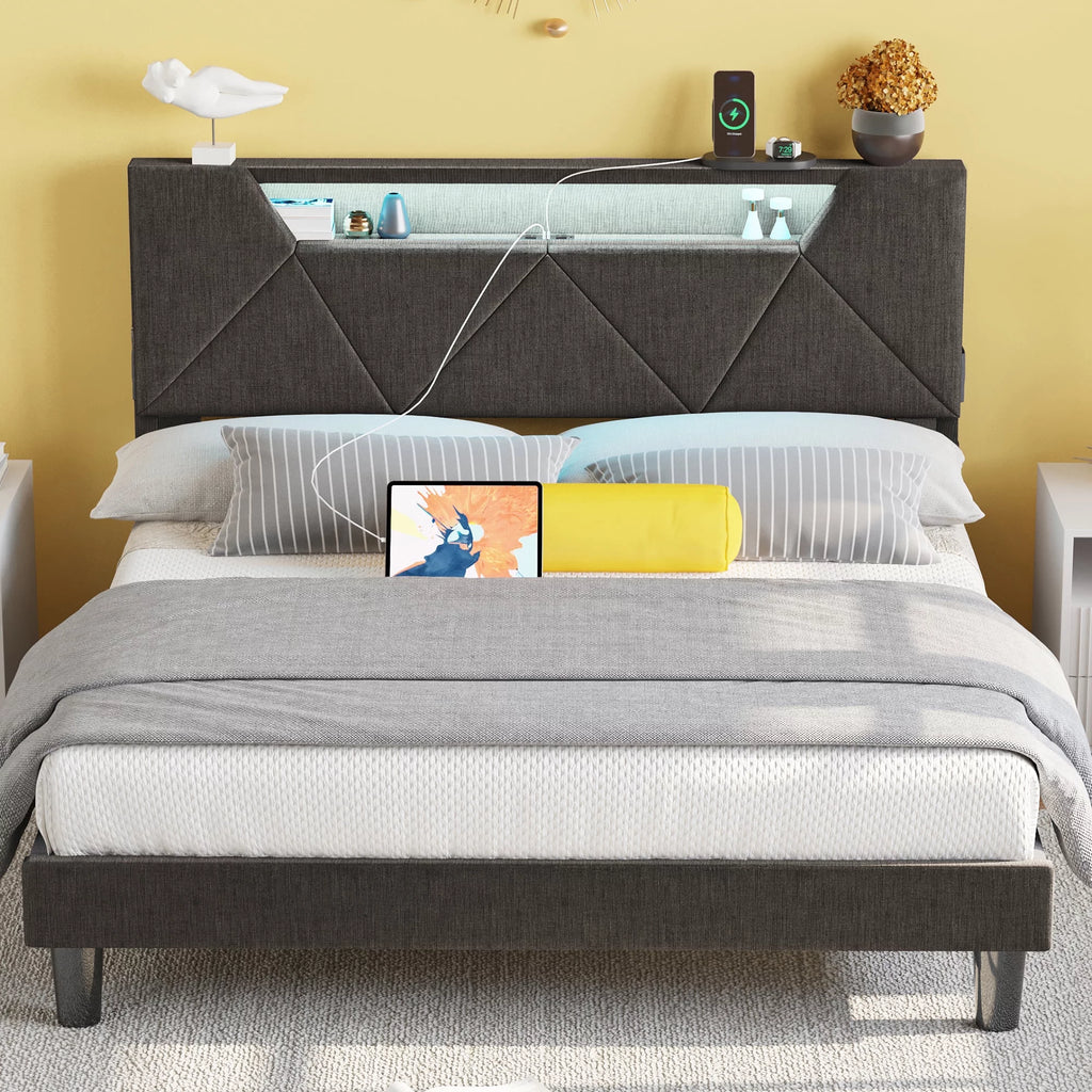 Grey Upholstered Platform Bed Frame with Storage Headboard X6548