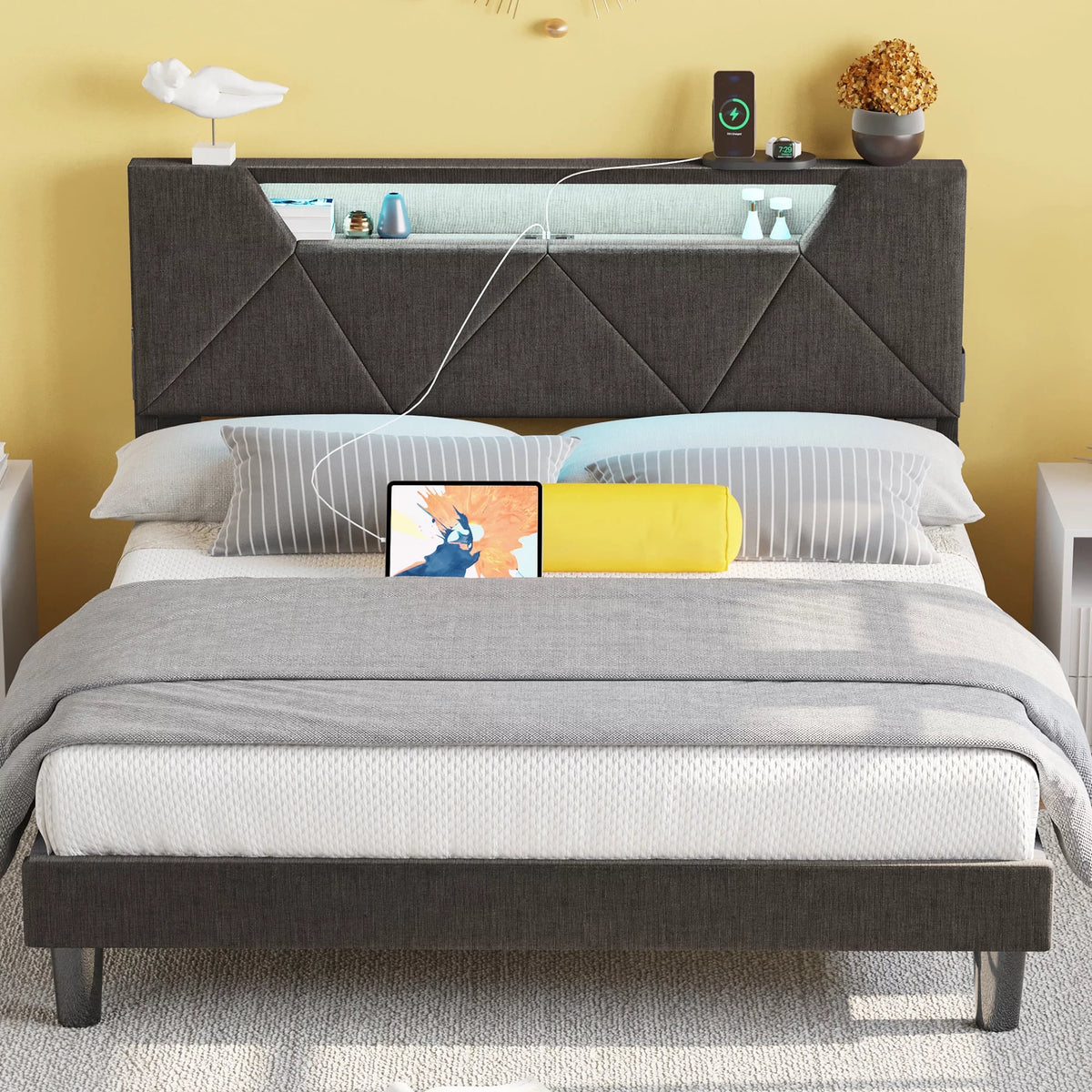 Grey Upholstered Platform Bed Frame with Storage Headboard X6548