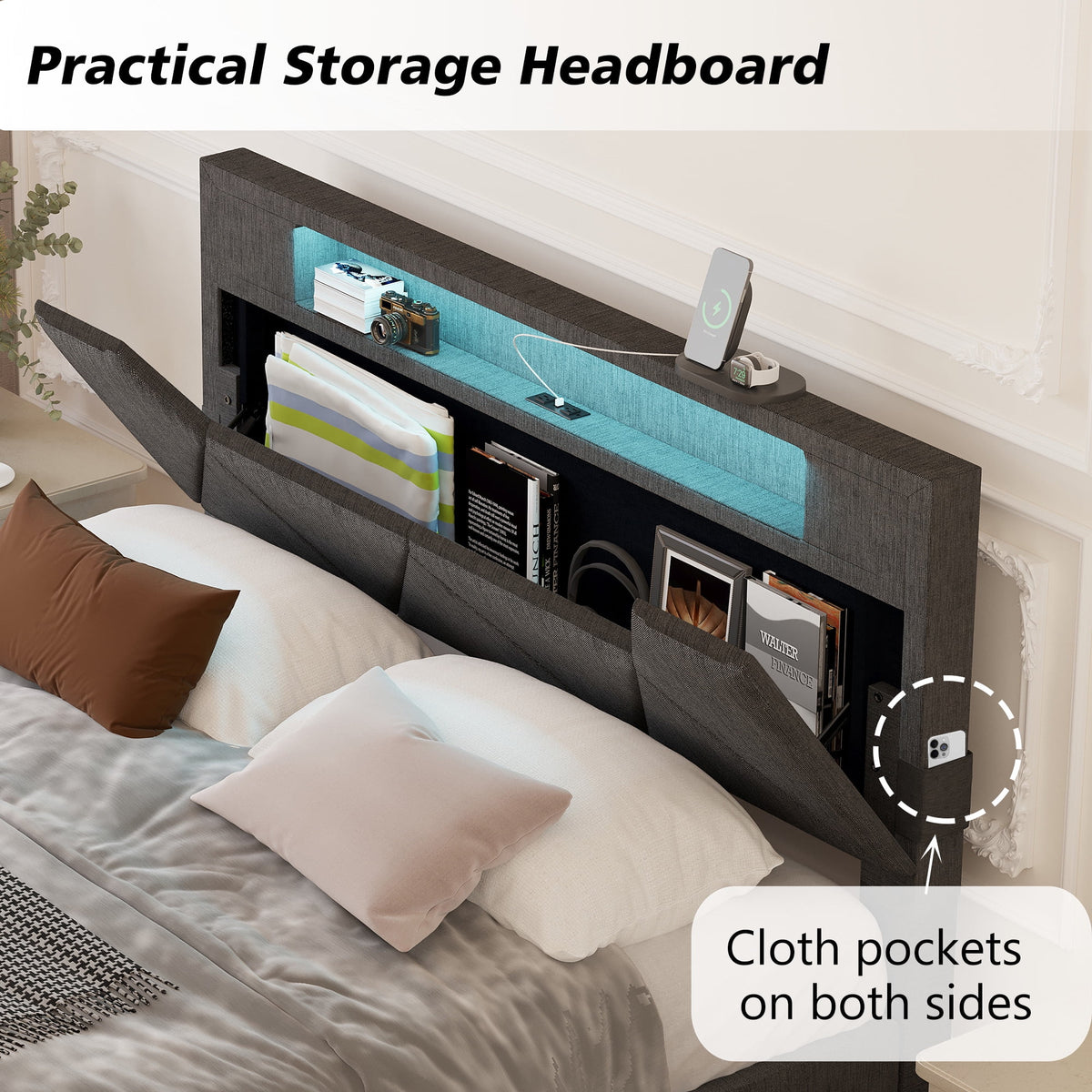 Grey Upholstered Platform Bed Frame with Storage Headboard X6548