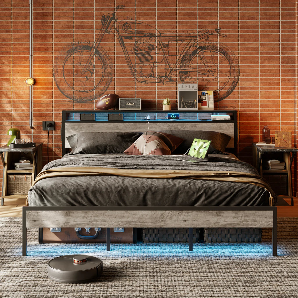 Queen Size Grey Platform Bed with Storage Headboard X987486