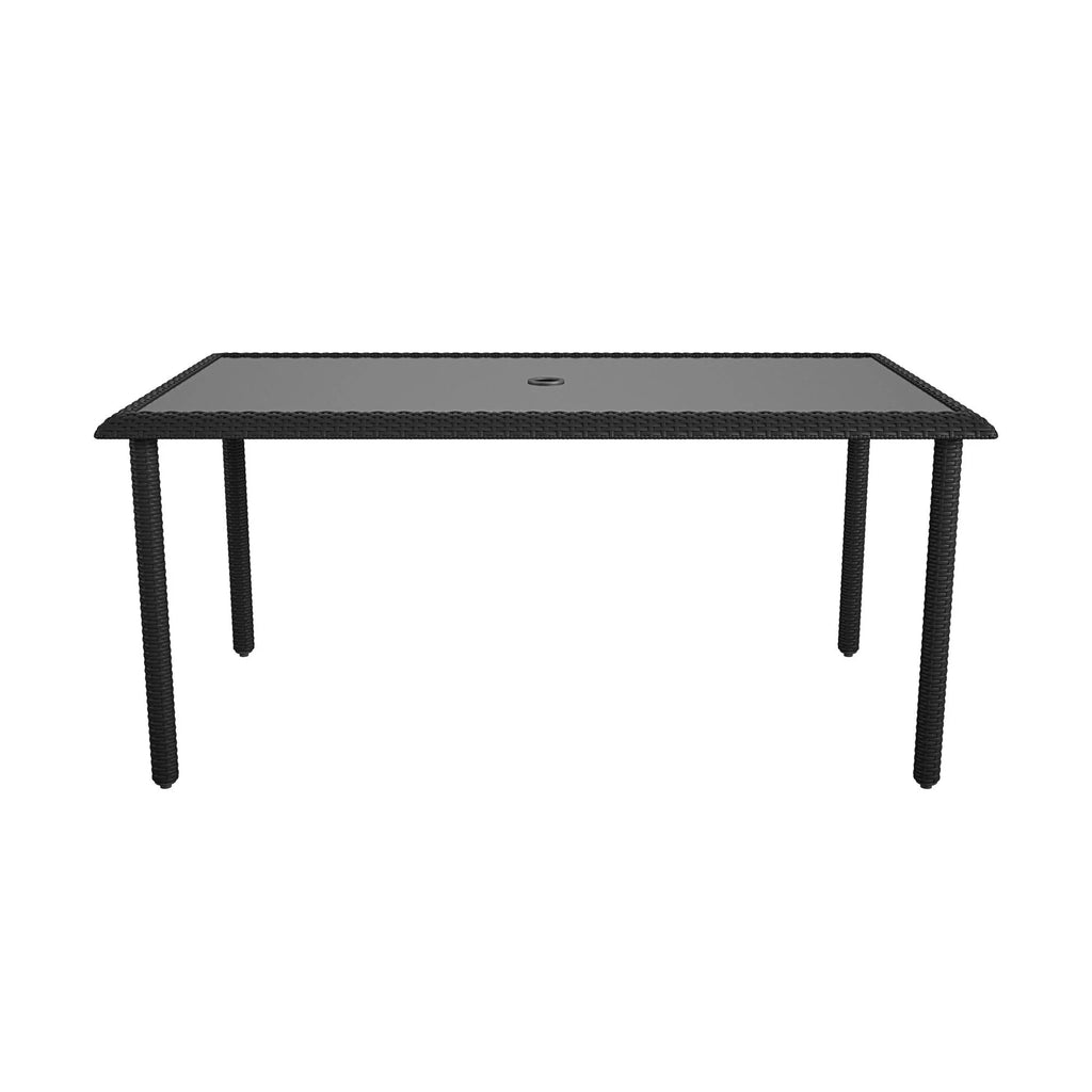 Black Wicker Dining Table with Glass Top and Umbrella Hole W6797