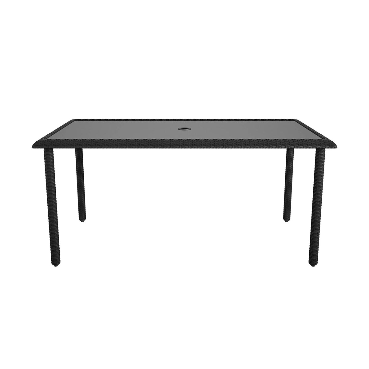 Black Wicker Dining Table with Glass Top and Umbrella Hole W6797
