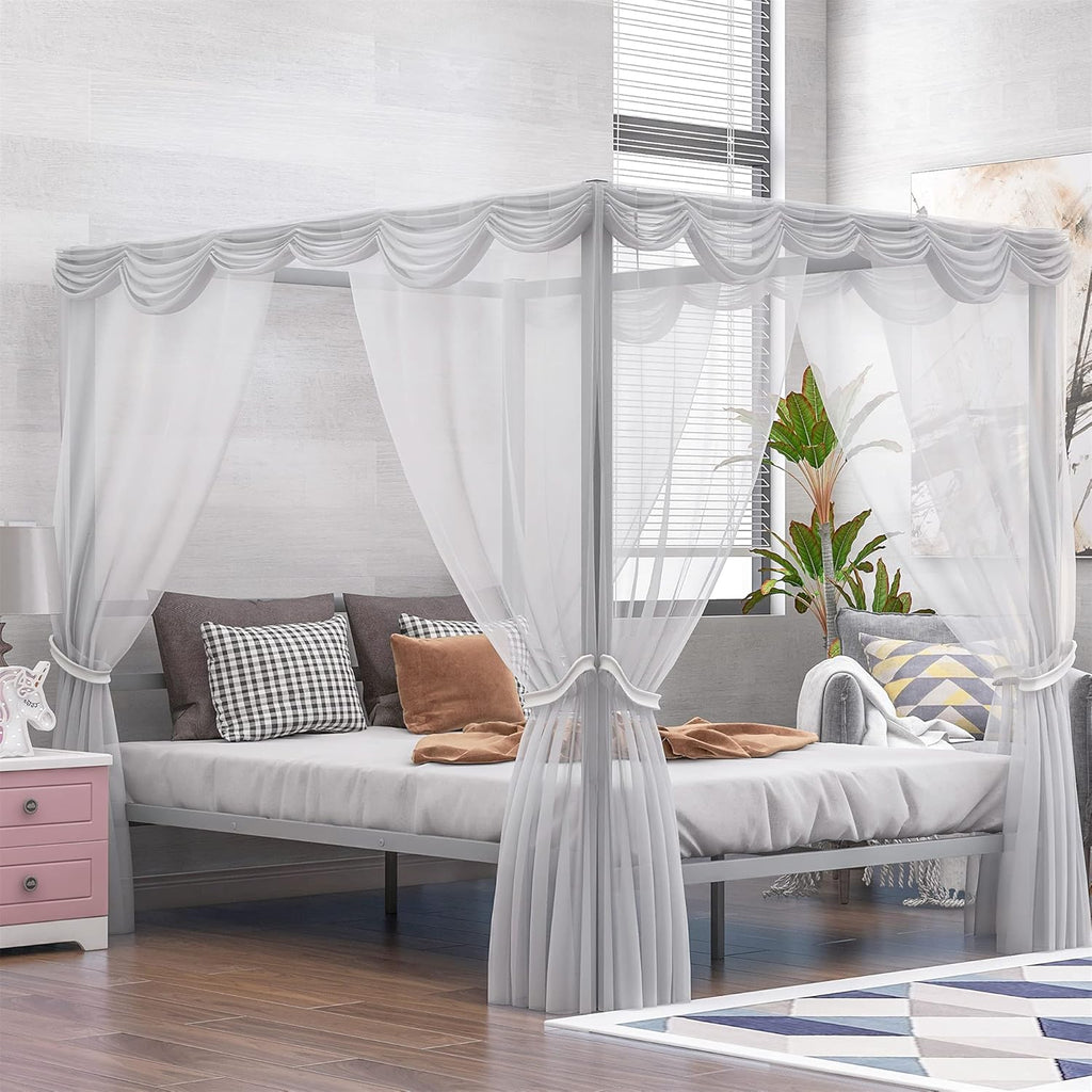 Queen Size White Metal Canopy Bed with Headboard A557922