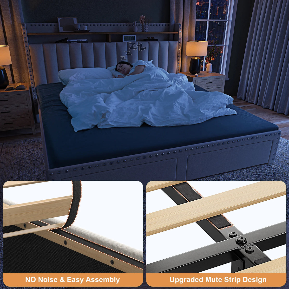 Beige Queen Storage Bed with Headboard and Drawers E59199