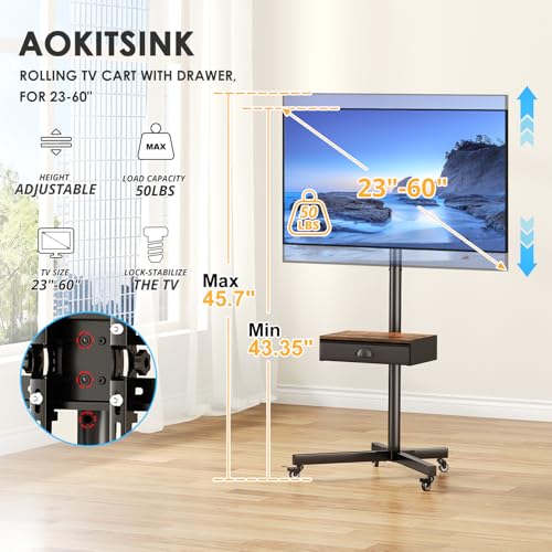 Rolling TV Stand with Power Outlet, Adjustable Height Mobile TV Cart with Wheels W304785