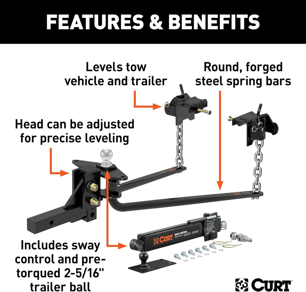 Round Bar Weight Distribution Hitch with Sway Control, 10K, 2-in Shank V899