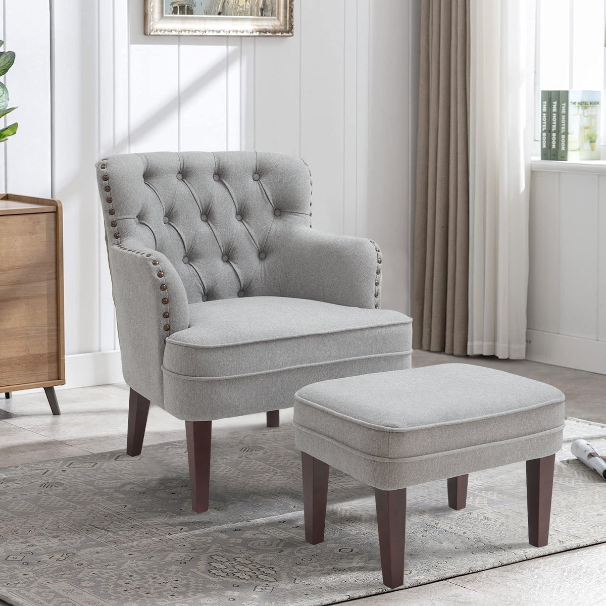 Gray Upholstered Accent Chair and Ottoman Set Y6596