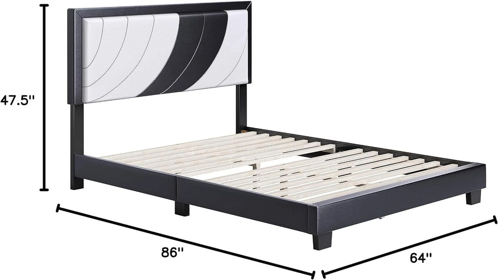 Queen White Black Upholstered Platform Bed with Headboard O7356