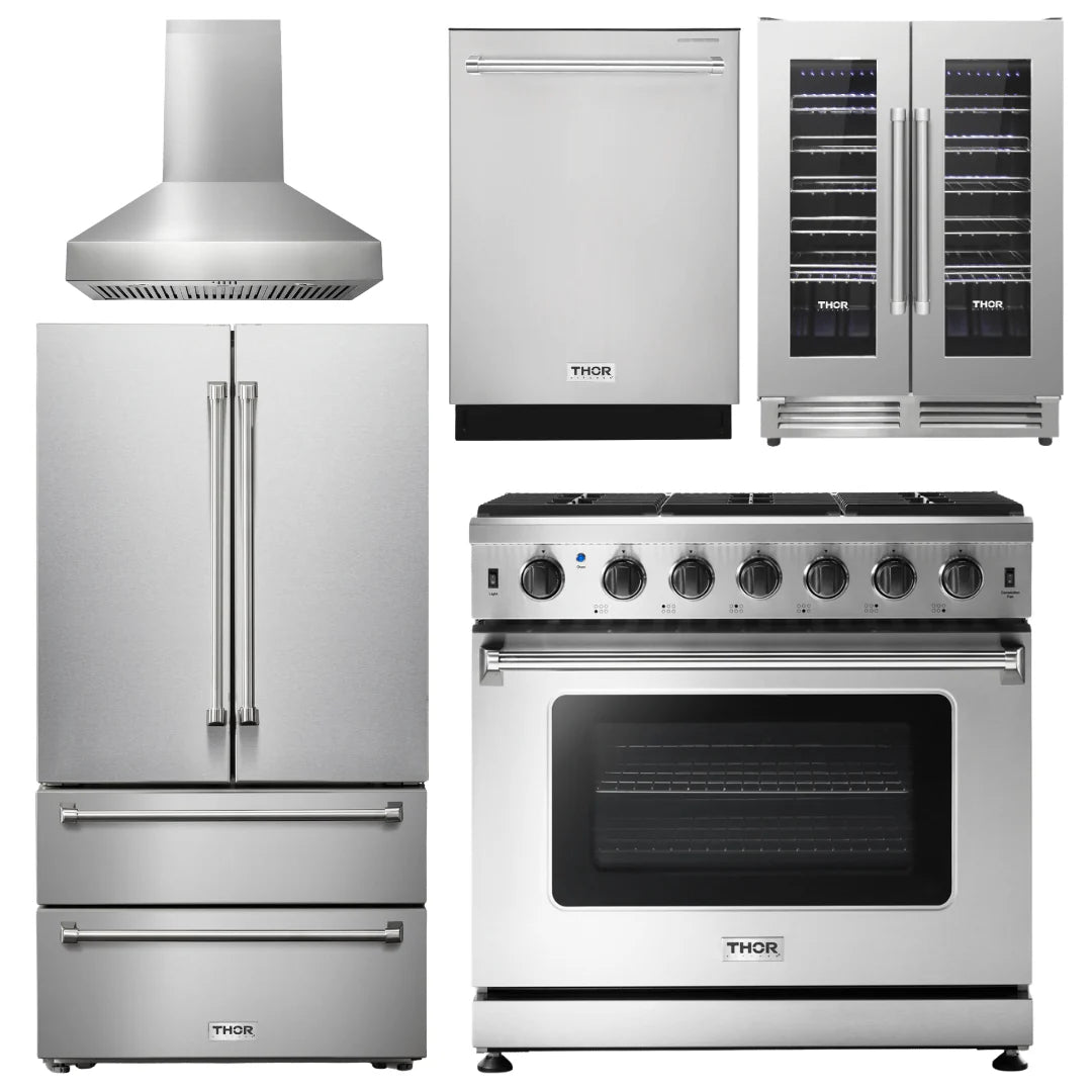 36 Propane Gas Range, Range Hood, Refrigerator, Dishwasher, Wine Cooler H5247