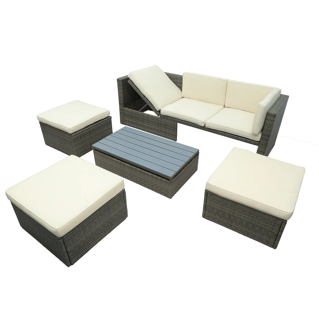 5-Piece PE Rattan Patio Furniture Set with Cushions and Coffee Table Q1304