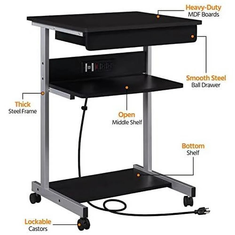 Black Mobile Laptop Desk On Wheels With Power Outlet And USB Ports Q650156
