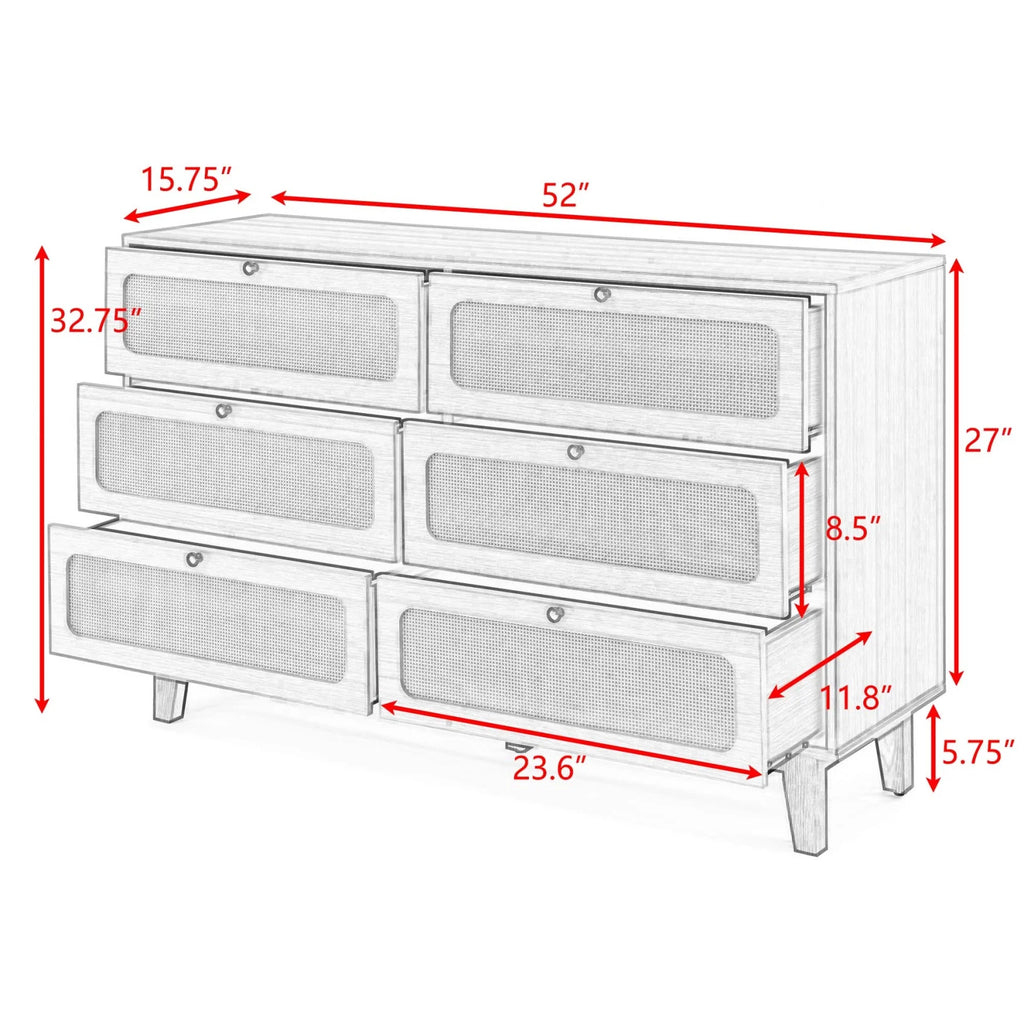 6 Drawer Wooden Dresser with Rattan Drawers N160781