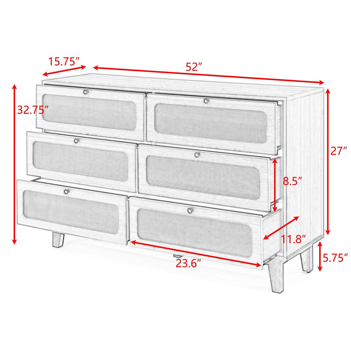 6 Drawer Wooden Dresser with Rattan Drawers N160781