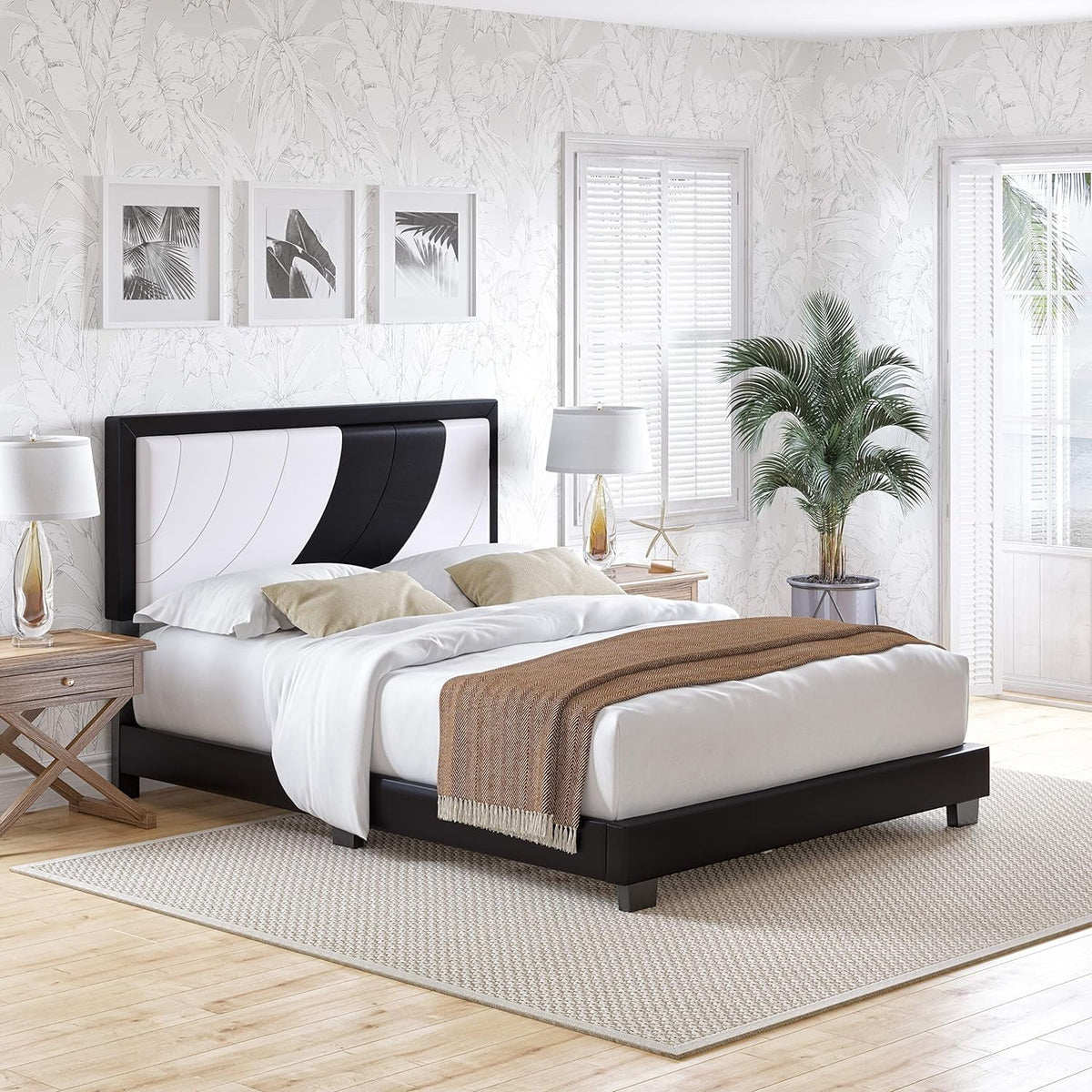 Queen White Black Upholstered Platform Bed with Headboard O7356