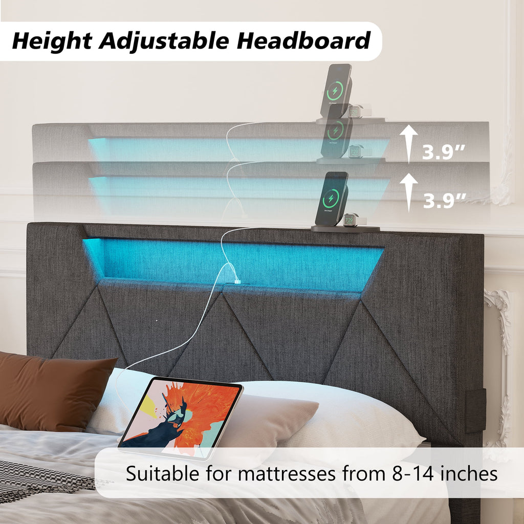 Grey Upholstered Platform Bed Frame with Storage Headboard X6548