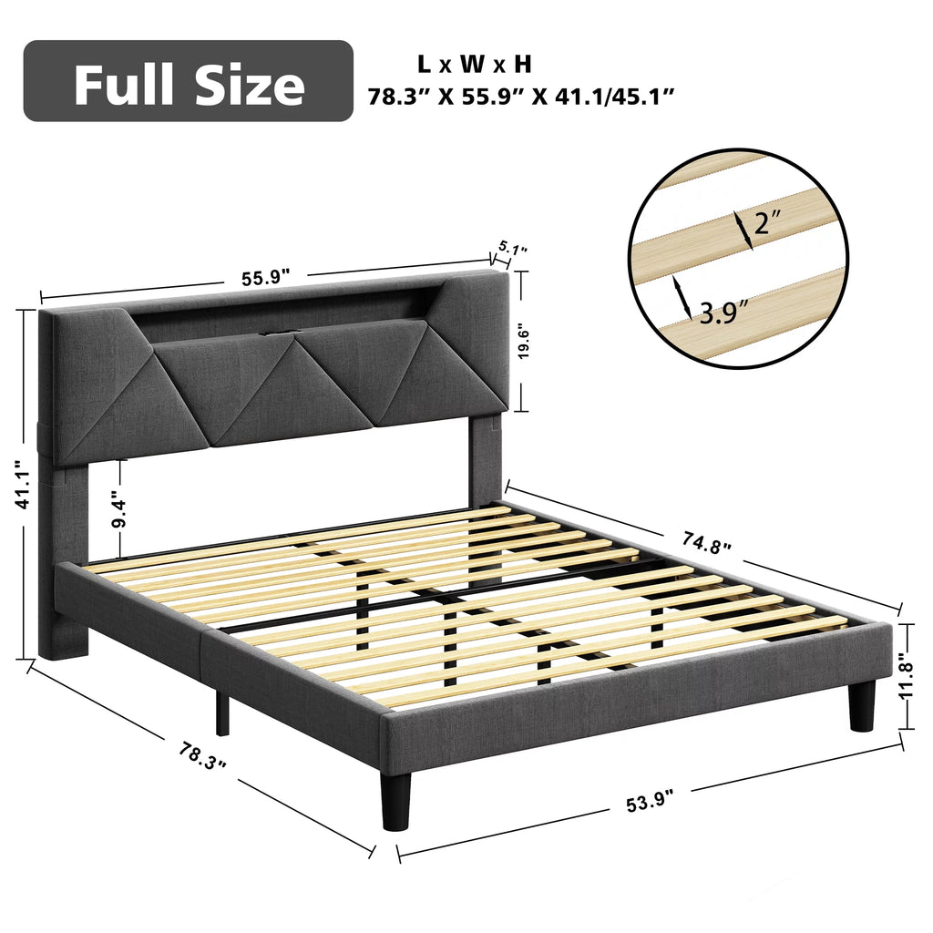 Grey Upholstered Platform Bed Frame with Storage Headboard X6548