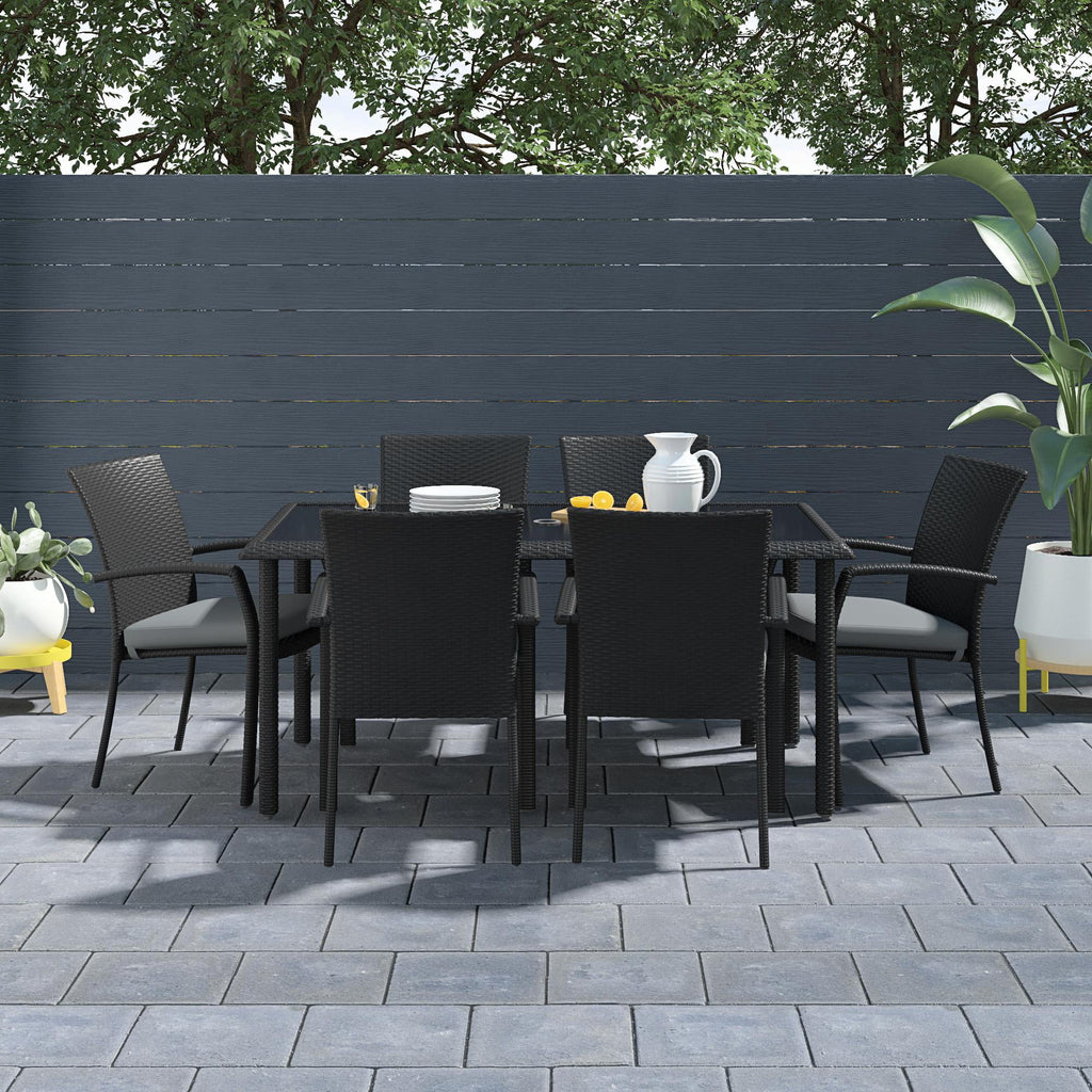 Black Wicker Dining Table with Glass Top and Umbrella Hole W6797
