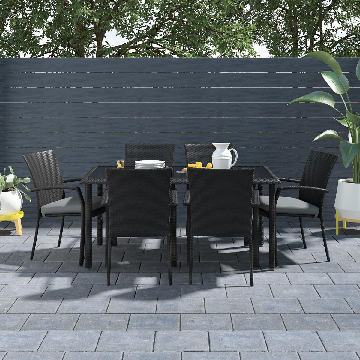 Black Wicker Dining Table with Glass Top and Umbrella Hole W6797