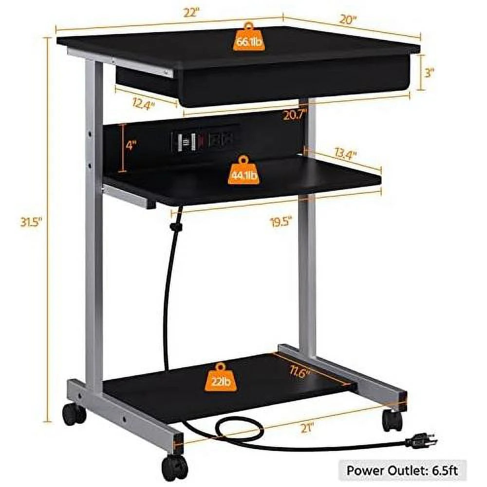 Black Mobile Laptop Desk On Wheels With Power Outlet And USB Ports Q650156