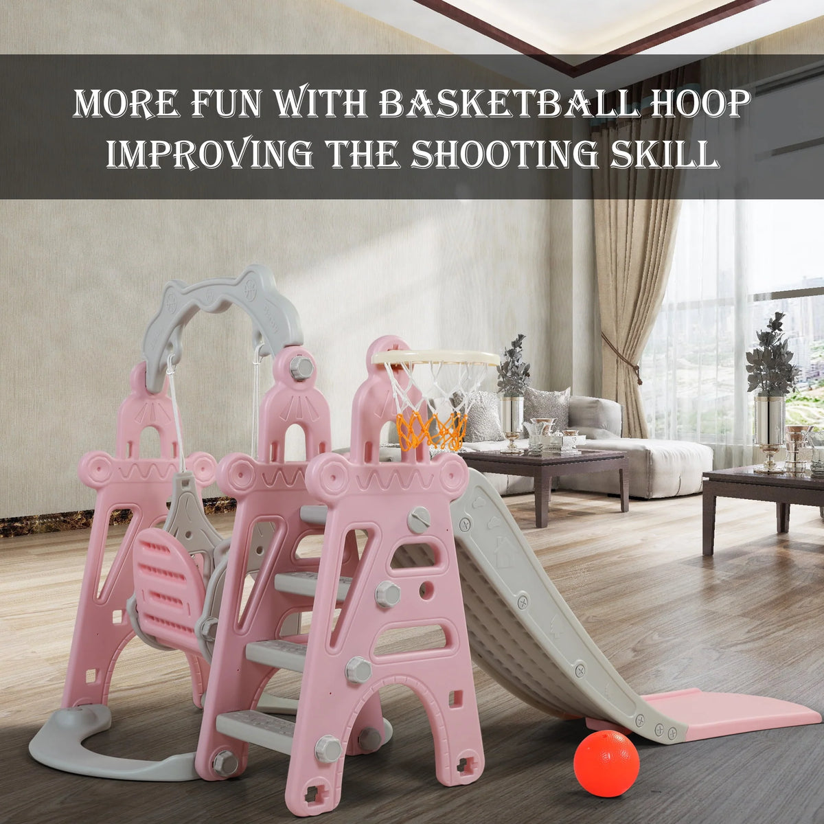 4 in 1 Slide and Swing Set with Basketball Hoop X869238