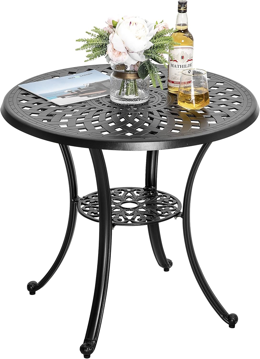 32 Inch Black Cast Aluminum Round Outdoor Dining Table with Umbrella Hole U636432