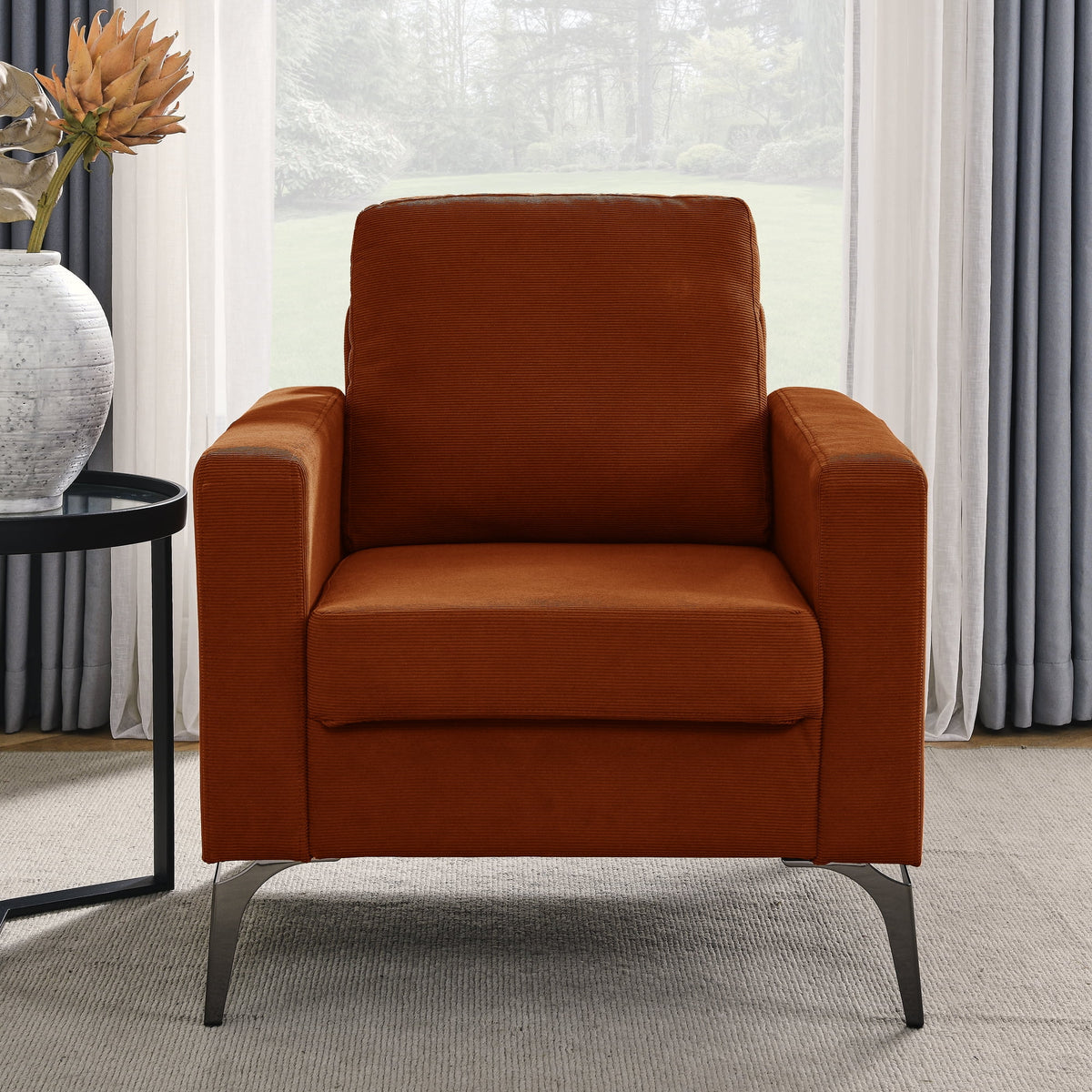 Corduroy Orange Sofa Chair with Square Arms and Tight Back Q617814