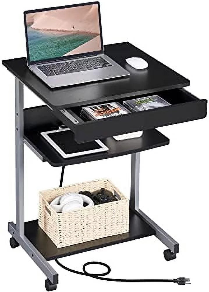 Black Mobile Laptop Desk On Wheels With Power Outlet And USB Ports Q650156
