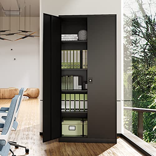 Black Steel Storage Cabinet with Doors and 5 Shelves C578