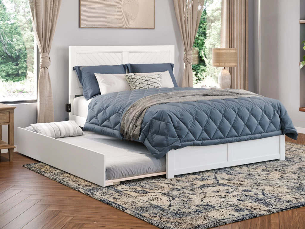 White Solid Wood Platform Bed with Footboard & Twin XL Trundle, Queen Z724