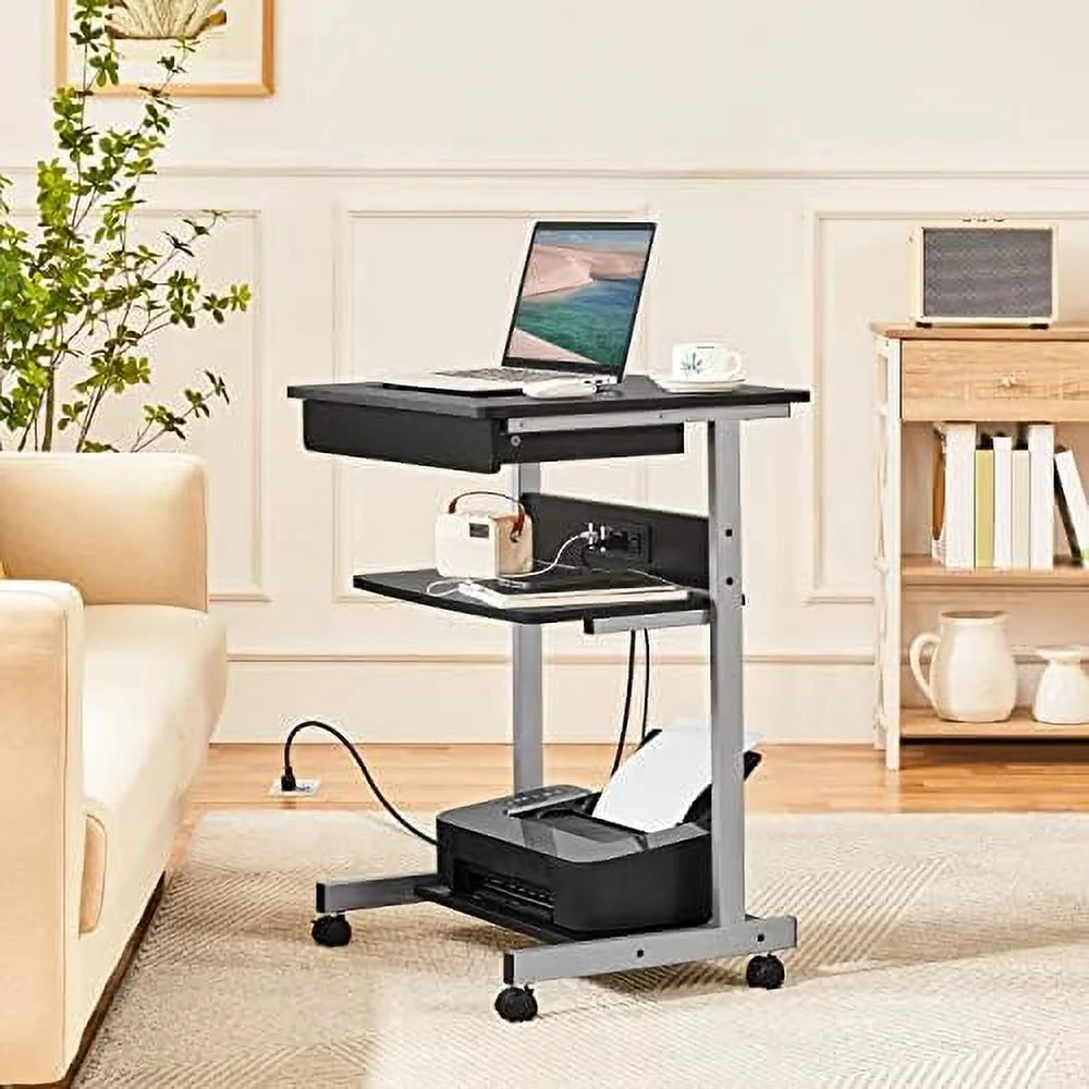 Black Mobile Laptop Desk On Wheels With Power Outlet And USB Ports Q650156