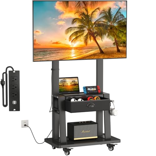 Rolling TV Stand with Power Outlet, Adjustable Height Mobile TV Cart with Wheels W304785